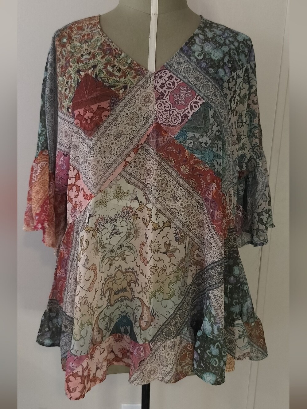 Bohemian Patchwork V-Neck Tunic Top - Multicolor